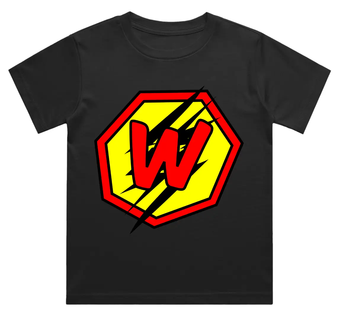 W Letter Alphabet Boys Black Cotton T-shirt