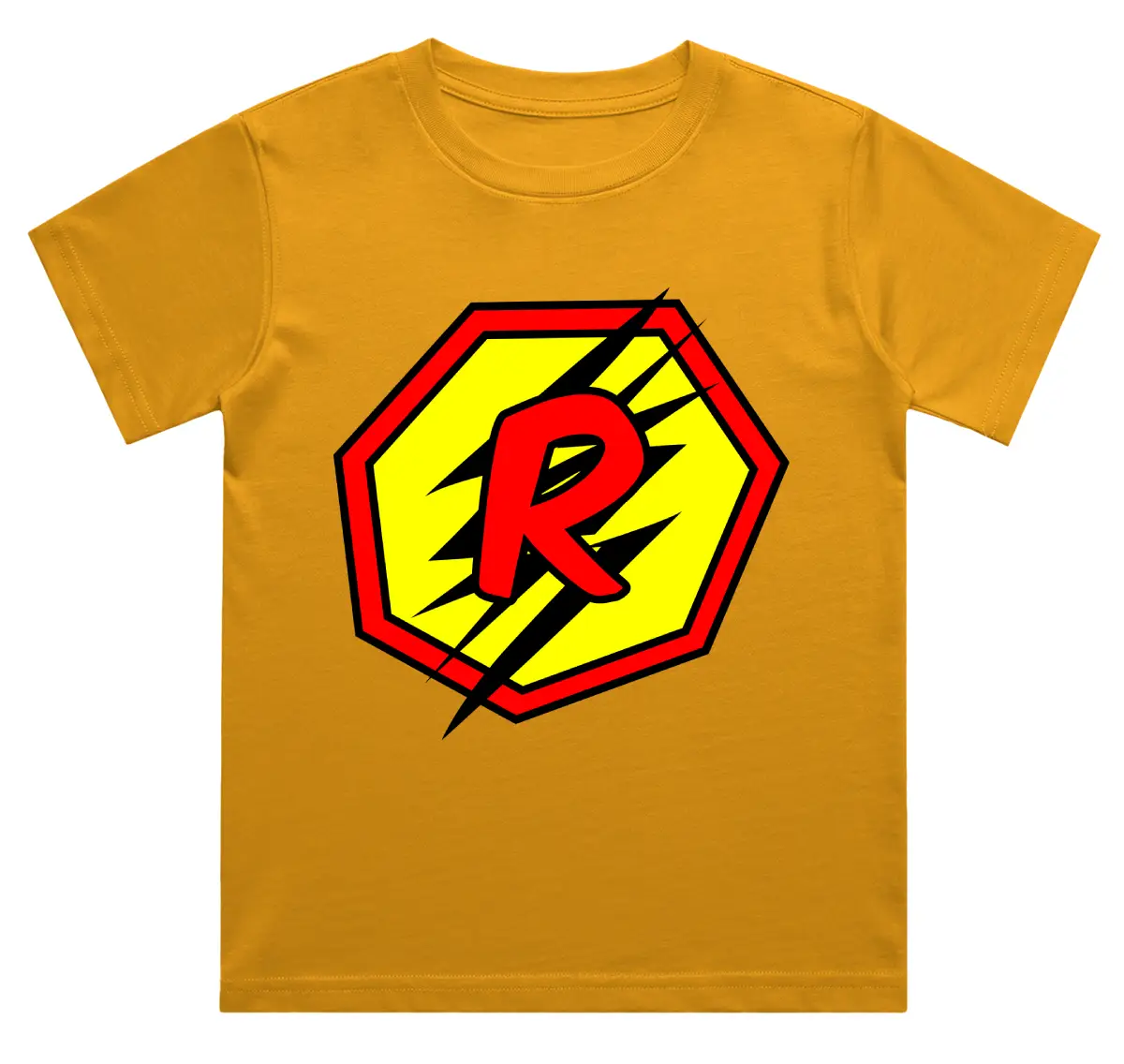R Letter Alphabet Boys Golden Yellow Cotton T-shirt