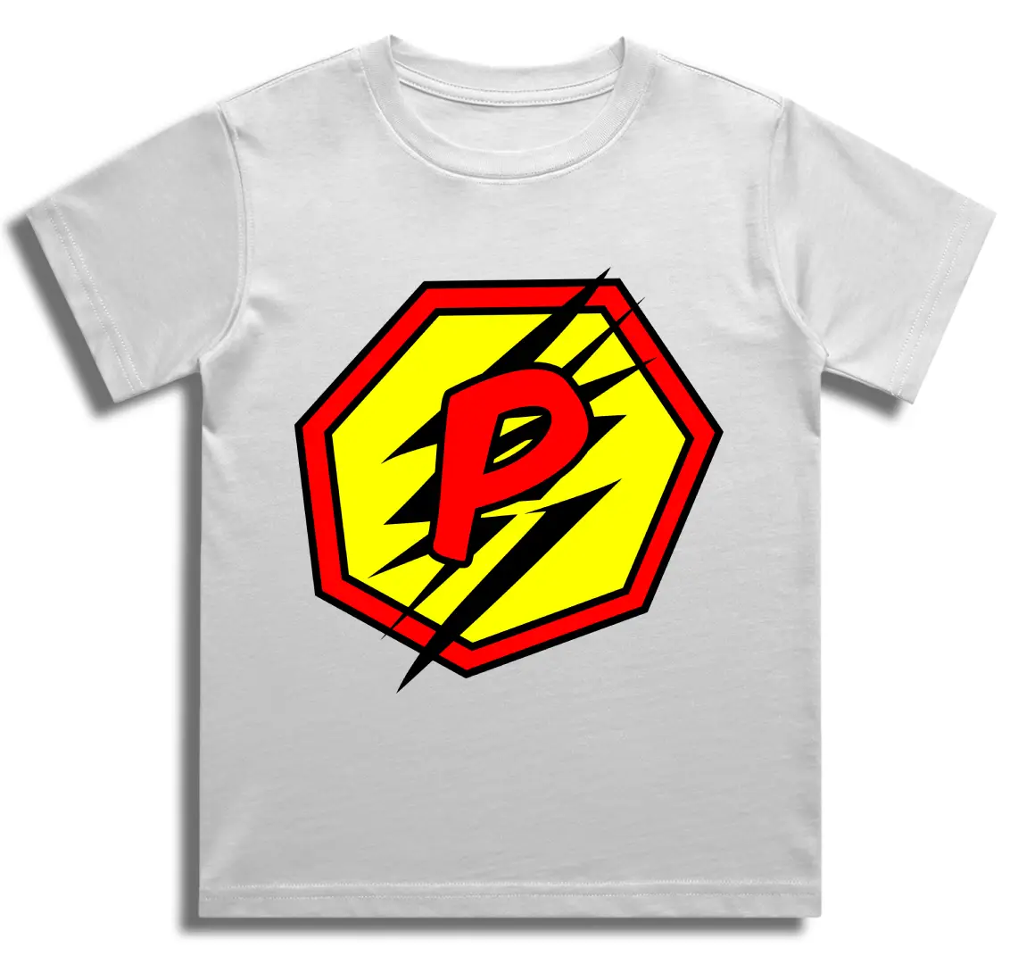 P Letter Alphabet Boys White Cotton T-shirt