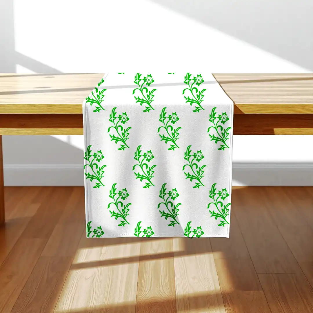 White Green Floral Table Runner
