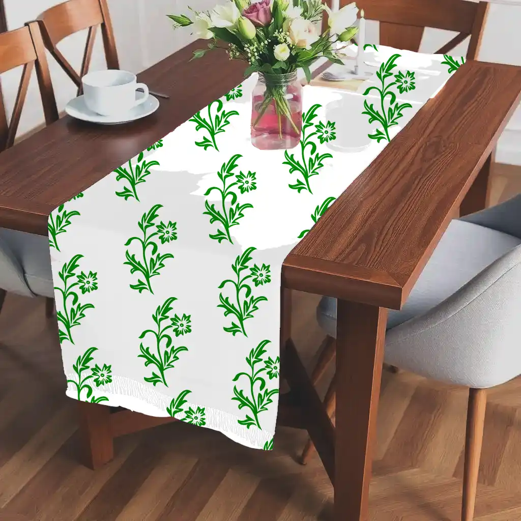White Green Floral Table Runner - Image 2