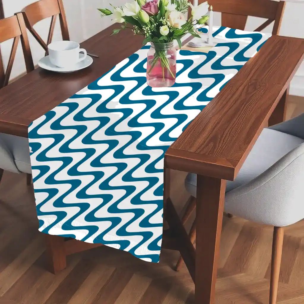 Zig Zag Print White Teal Color Table Runner - Image 2