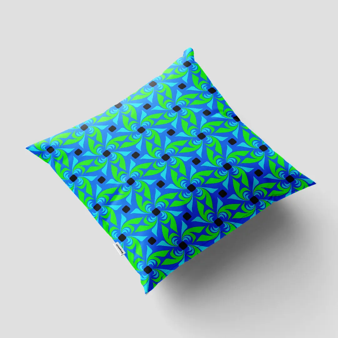 Lime Green With Navy Blue Pattern Cushion Cover - Image 3