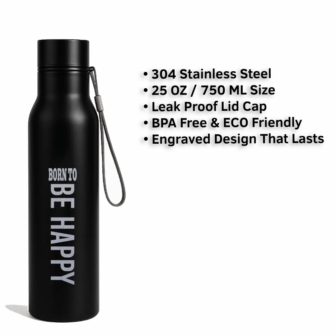 Born To Be Happy Black SS Water Bottle - Image 3