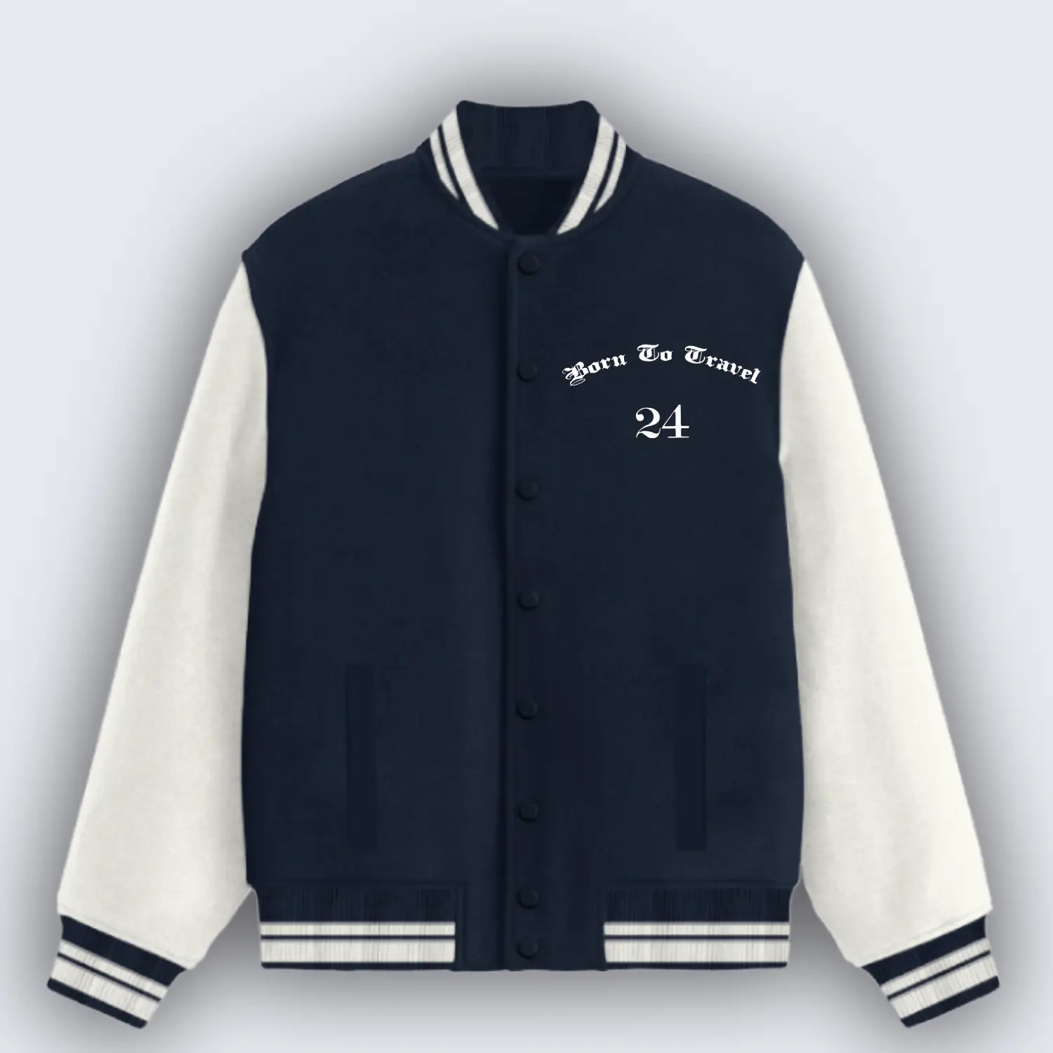Born To Travel Navy Blue Varsity Jacket