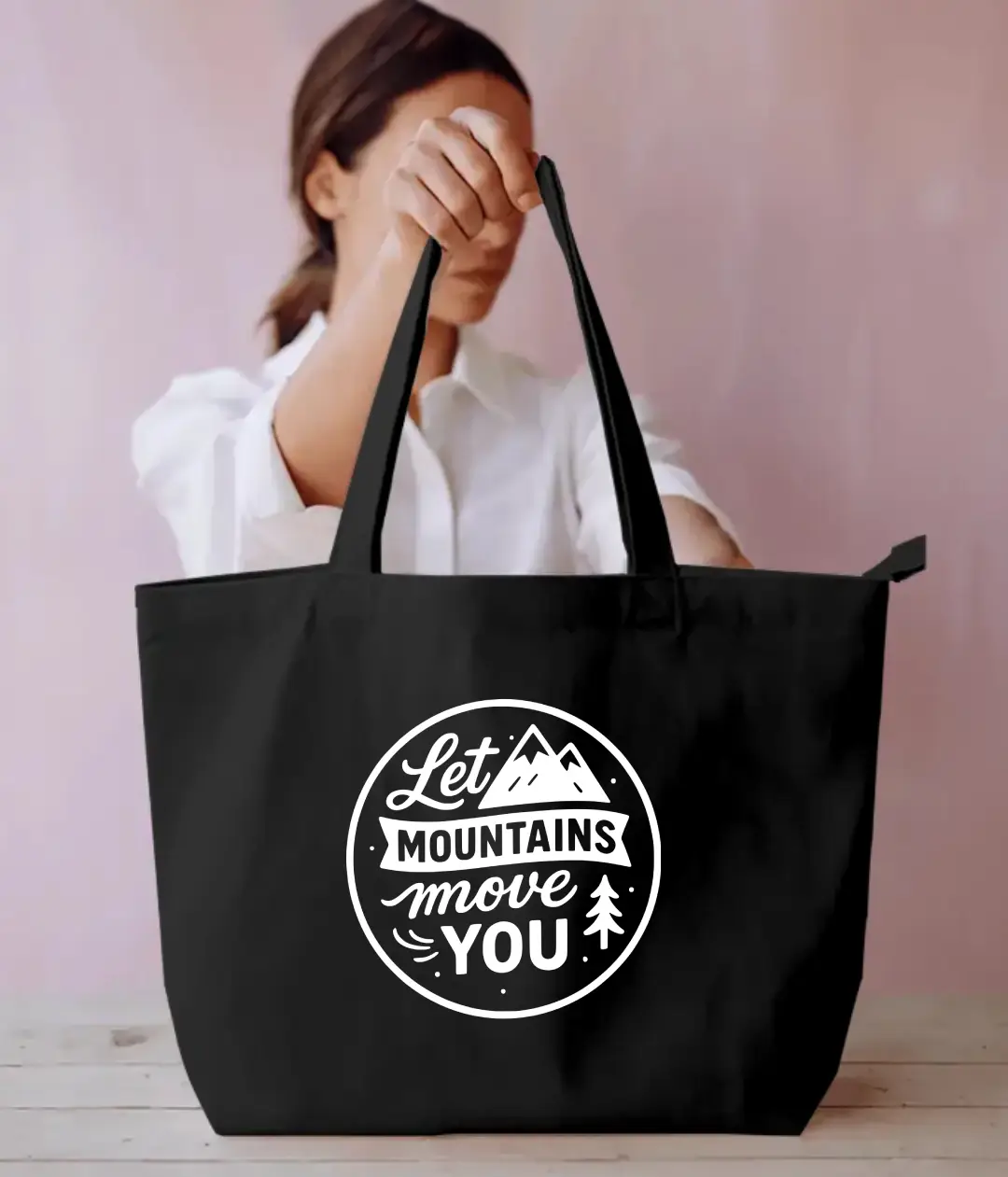 Let Mountains Move You Everyday Large Black Tote Bag