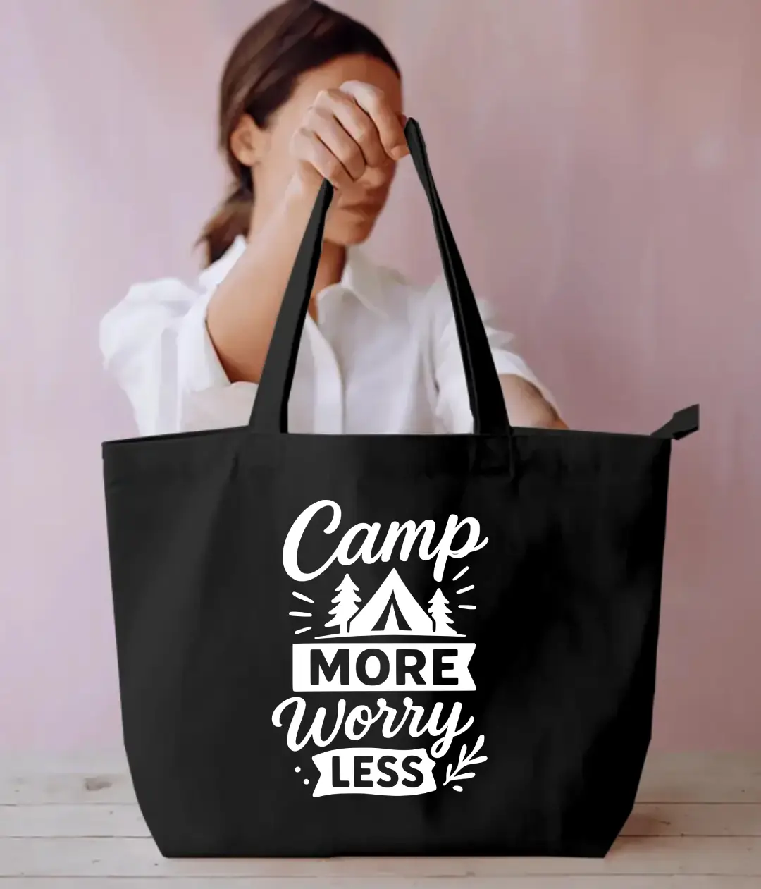 Camp More Worry Less Everyday Large Black Tote Bag