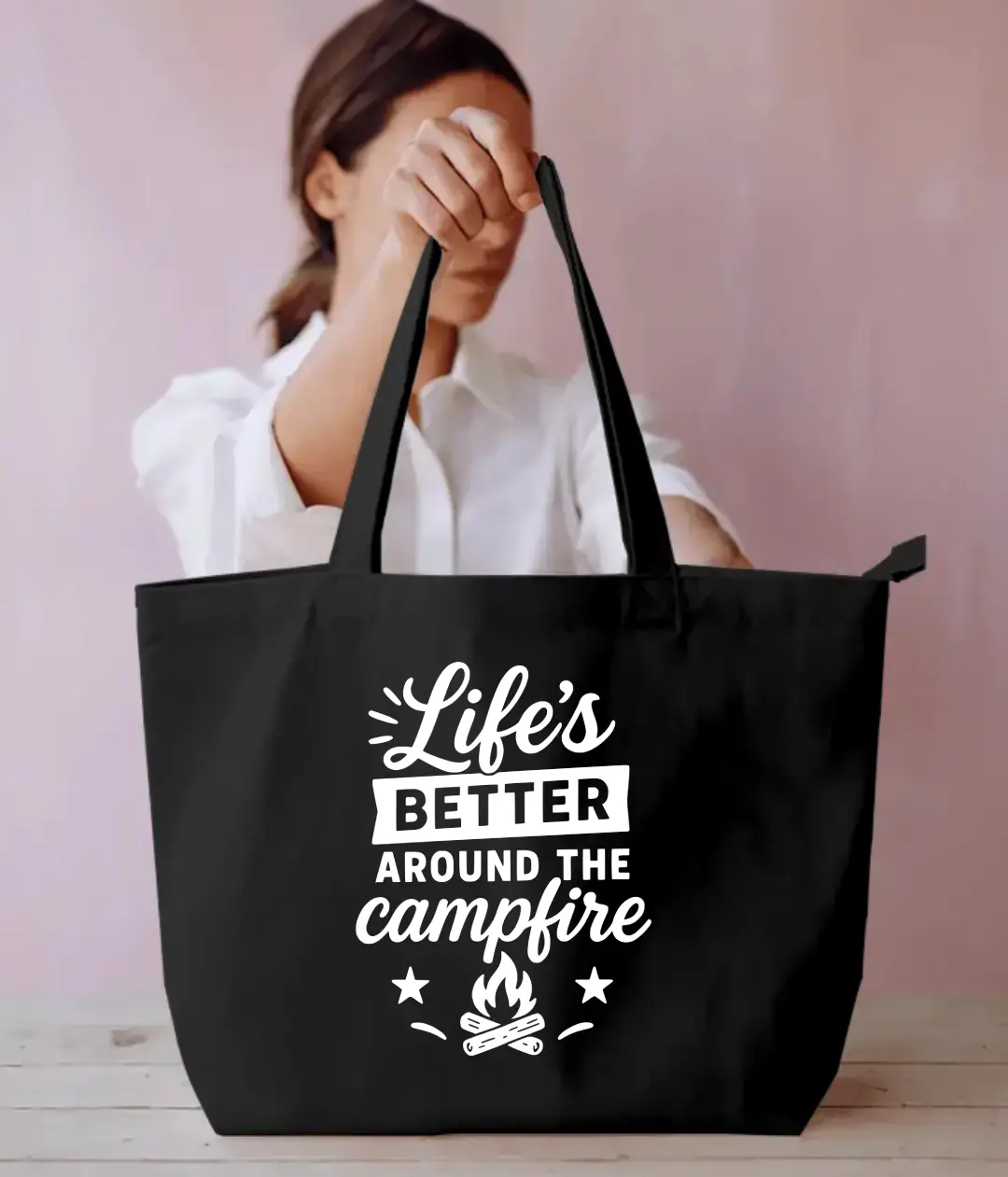 Life Is Better Around Campfire Everyday Large Black Tote Bag