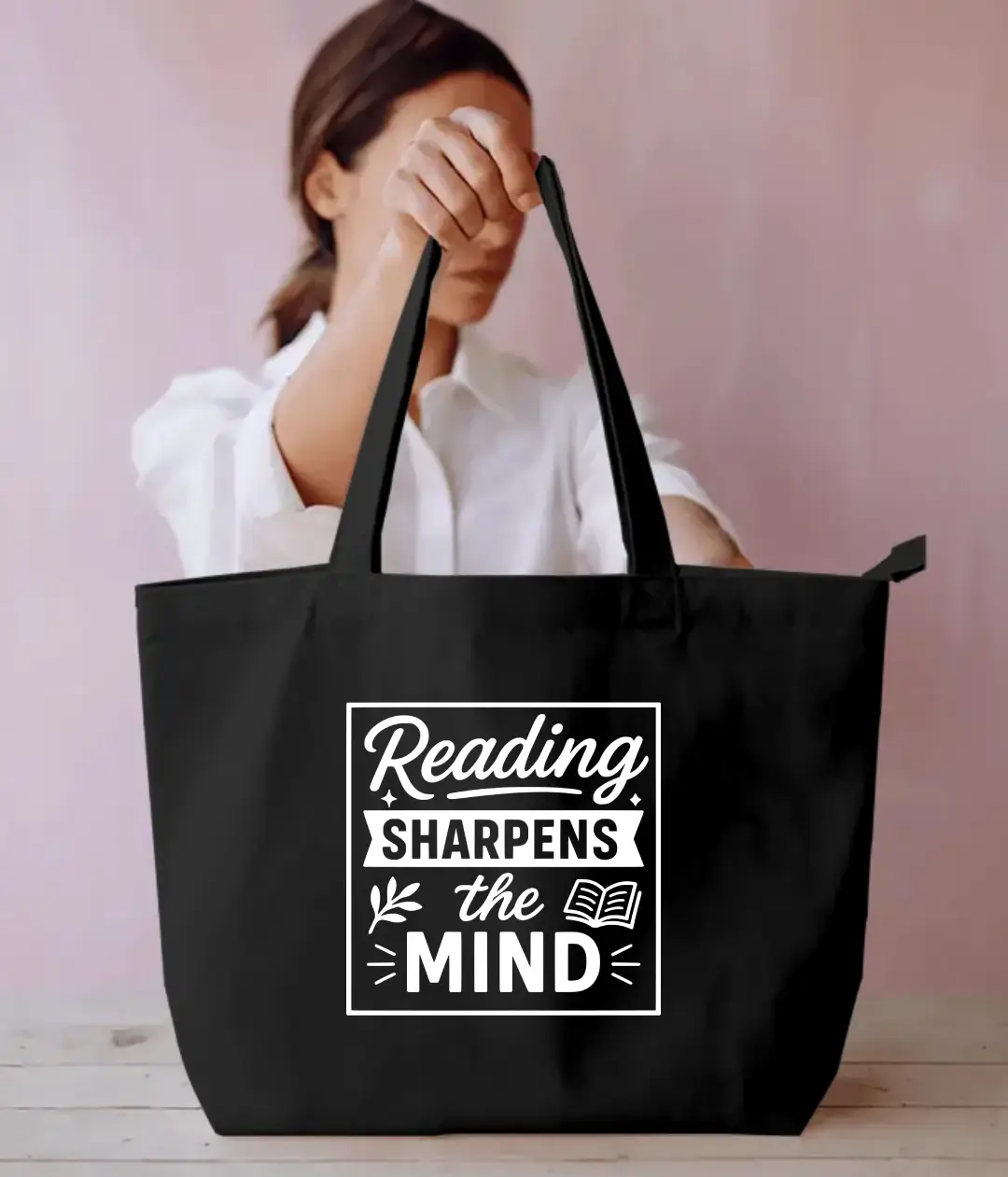 Reading Sharpens Mind Large Black Tote Bag