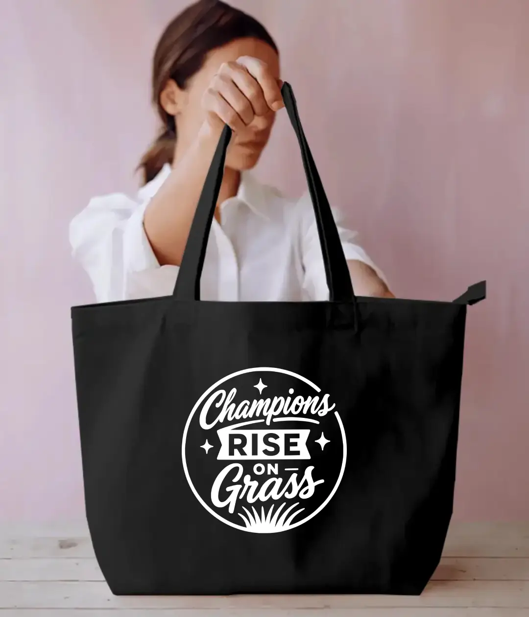 Champions Rise On Grass Large Black Tote Bag