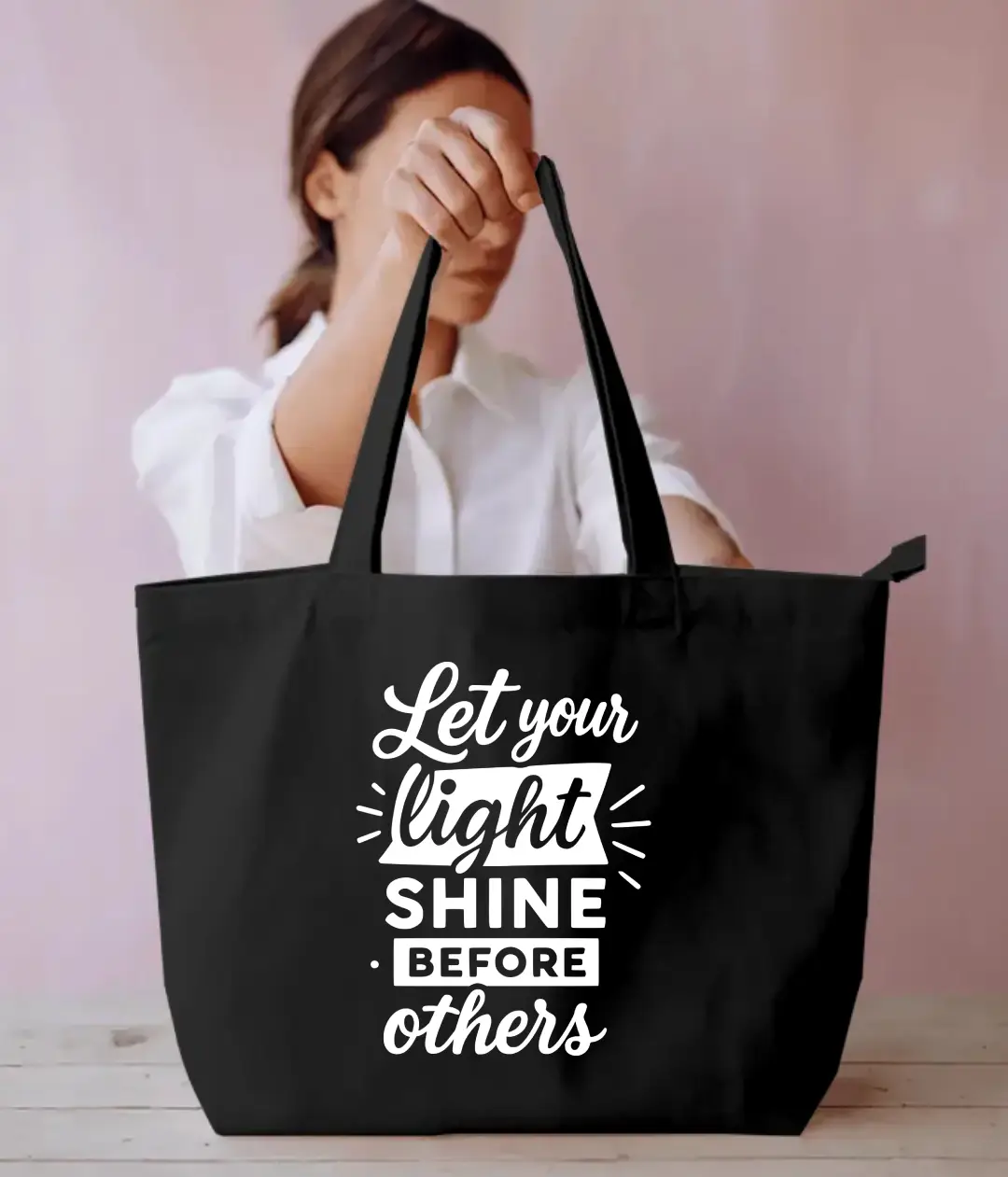 Let Your Lights Shine Before Others Large Black Tote Bag