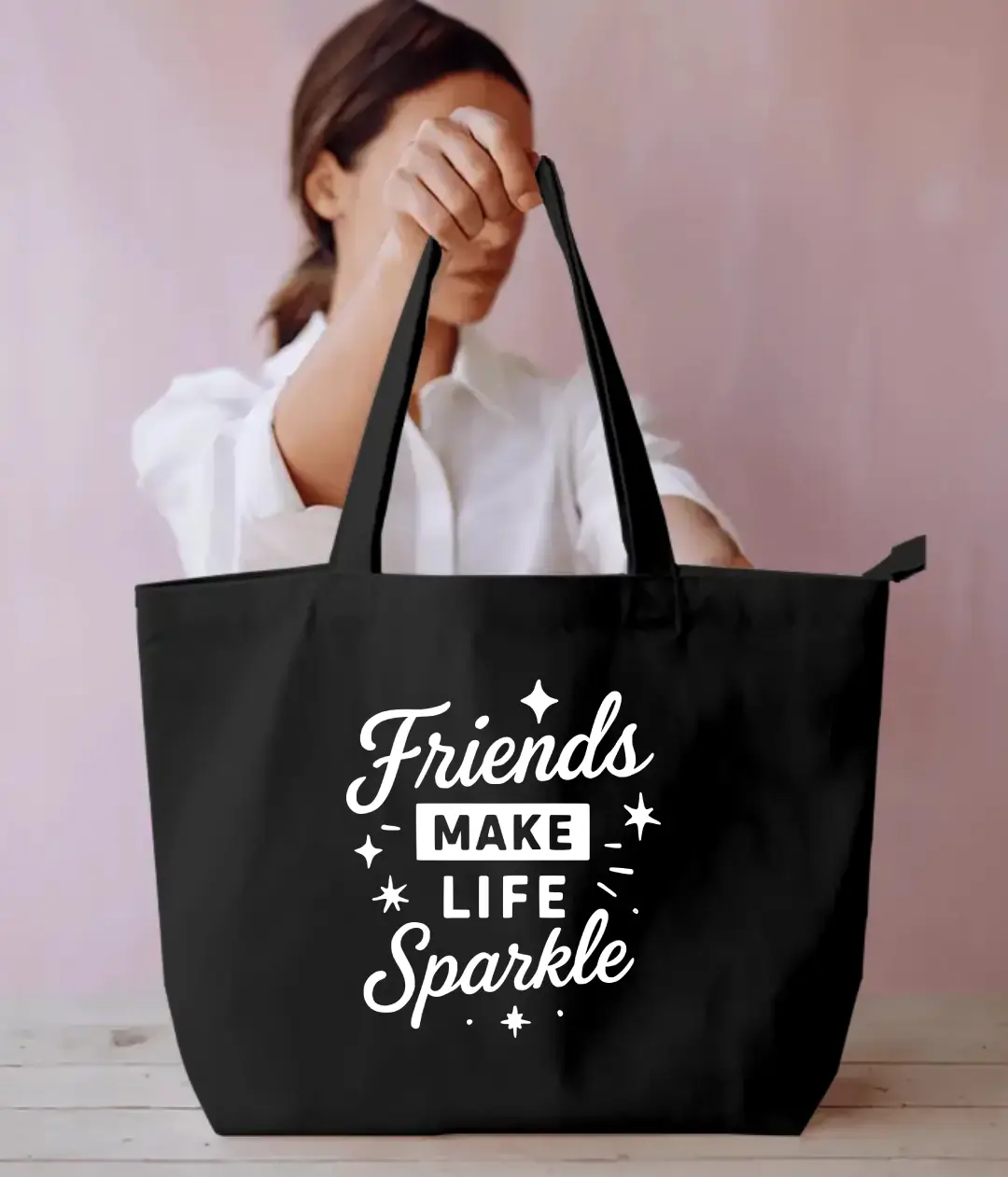 Friends Make Life Sparkle Quote Large Black Tote Bag