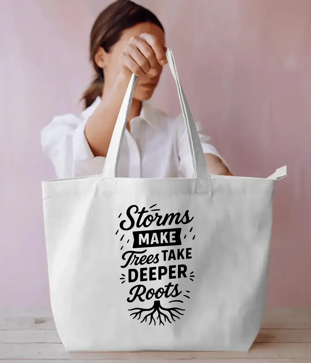 Stroms Make One Take Deeper Roots Large White Tote Bag