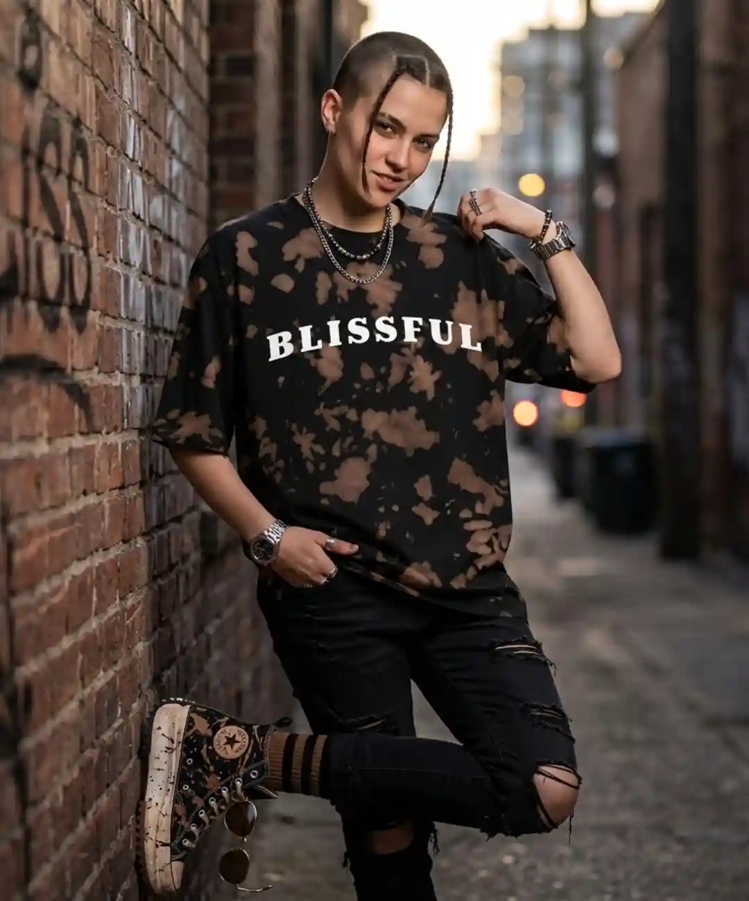 Blissful Brown Black Tie Dye Oversize Cotton T-shirt