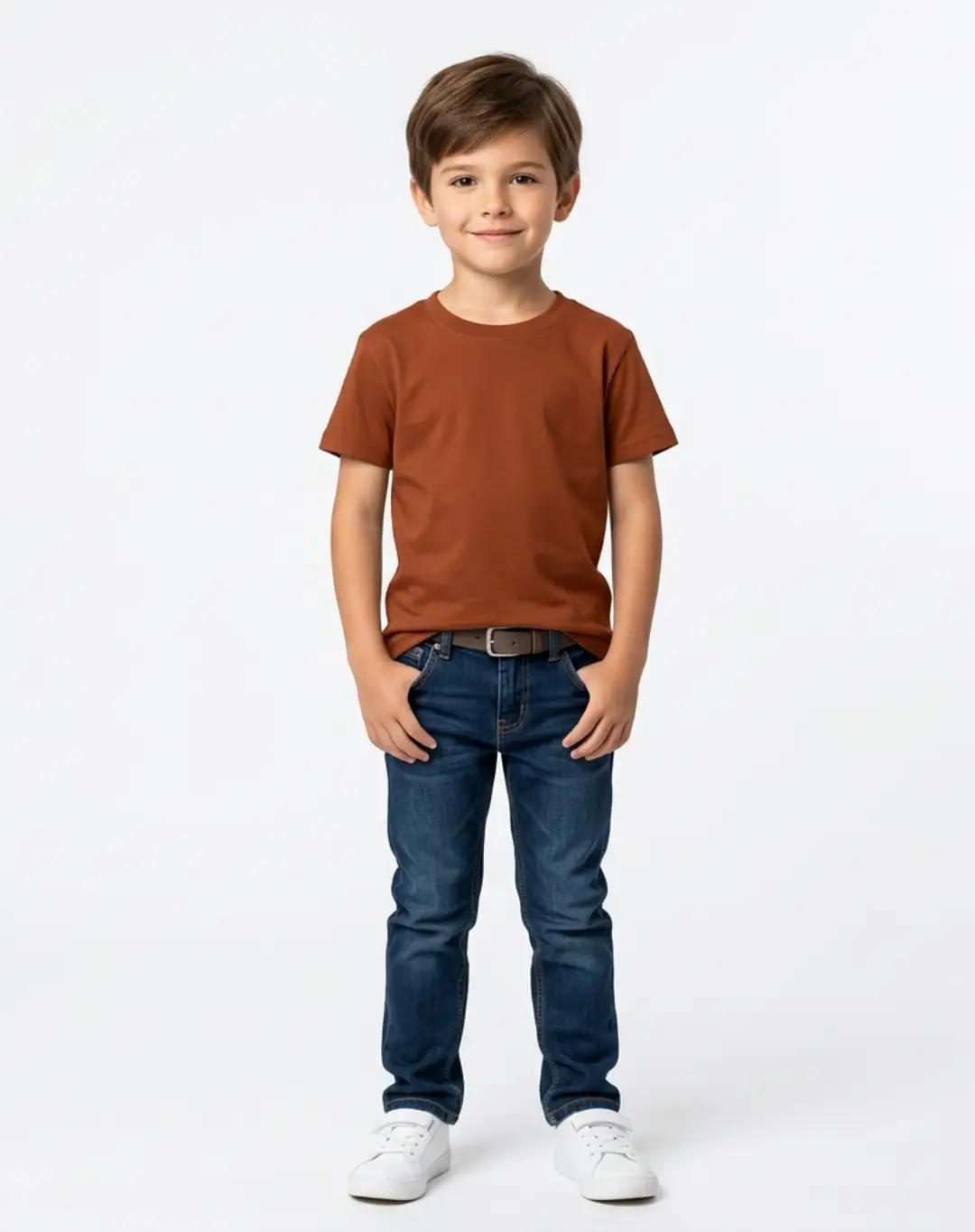 Kids Plain Crew Neck Brick Red Cotton T-shirt