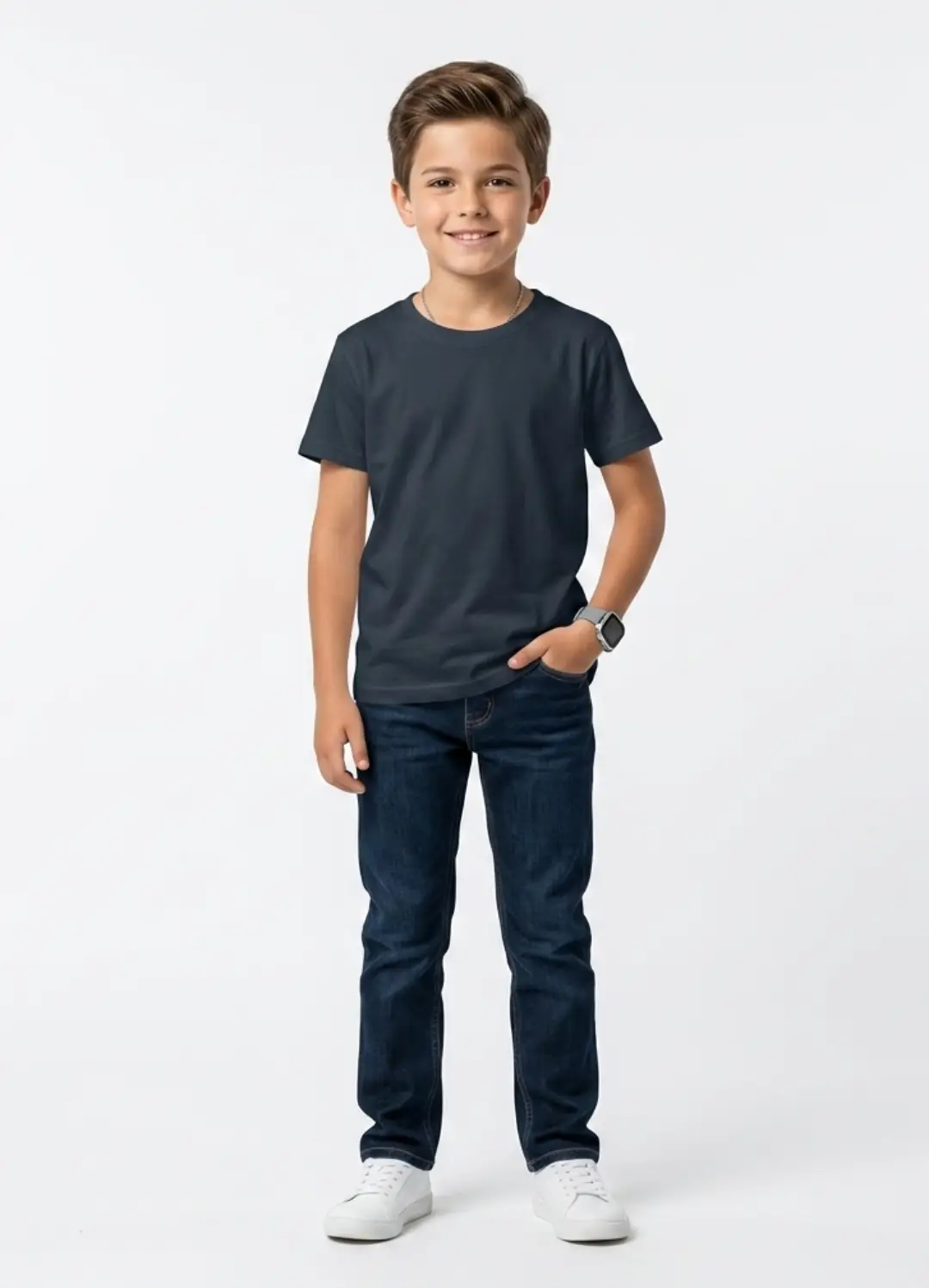 Boys Plain Navy Blue Cotton T-shirt