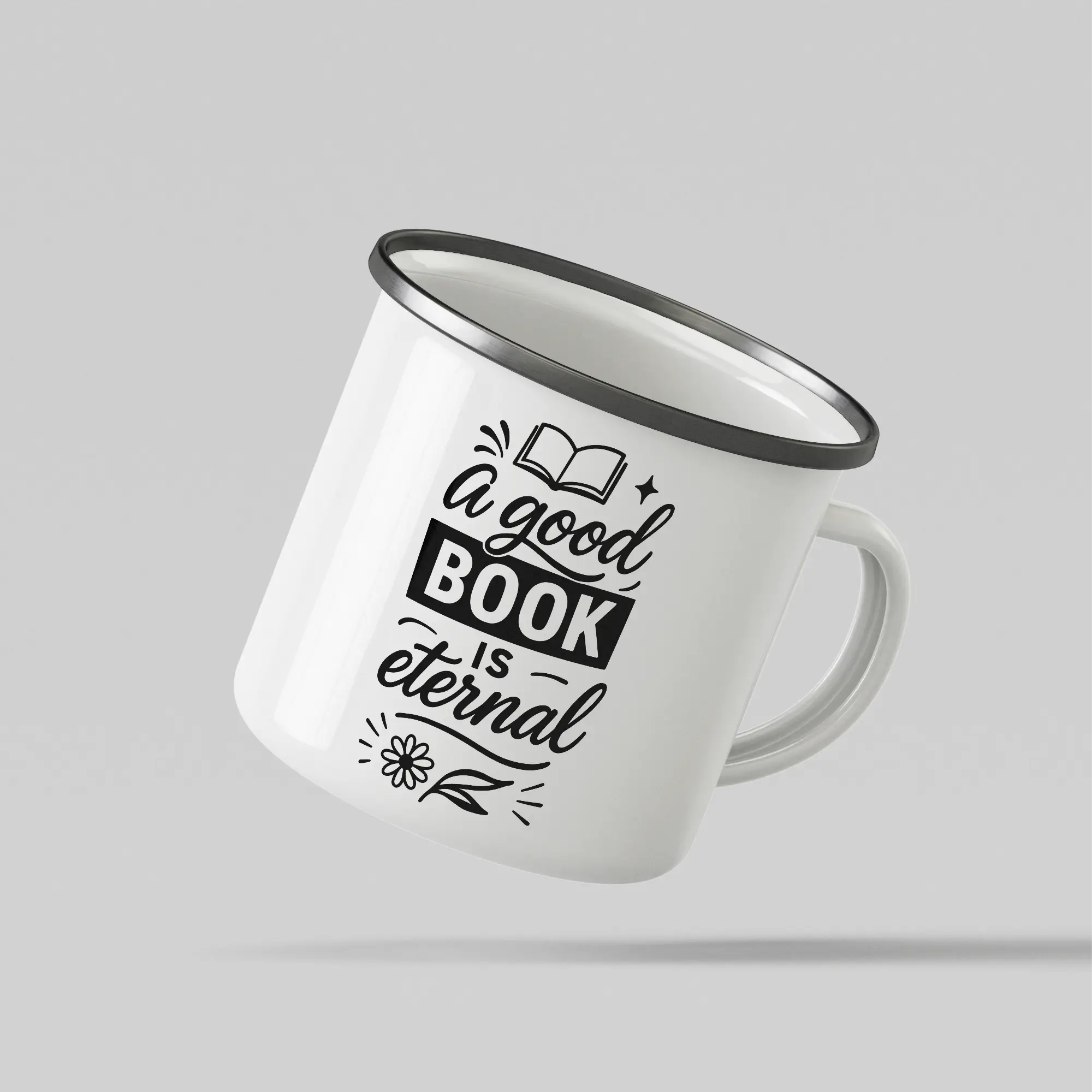 A Good Book Is Eternal White Enamel Mug - Image 3
