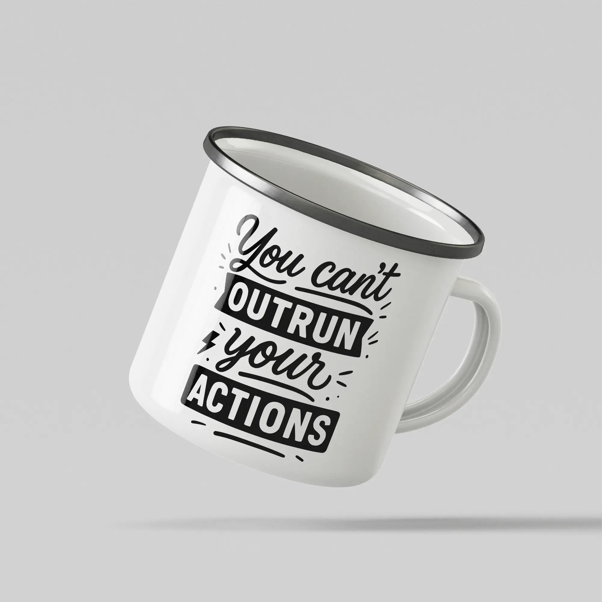You Cant Outrun Your Actions White Enamel Mug - Image 3