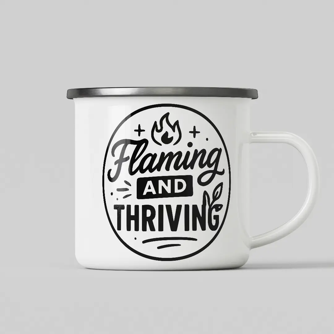 Flaming And Thriving White Enamel Mug - Image 2