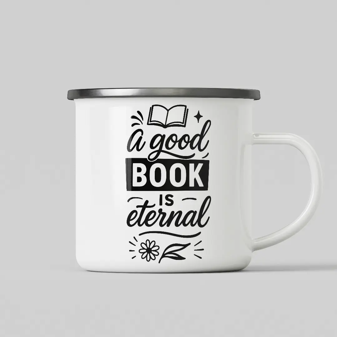 A Good Book Is Eternal White Enamel Mug - Image 2