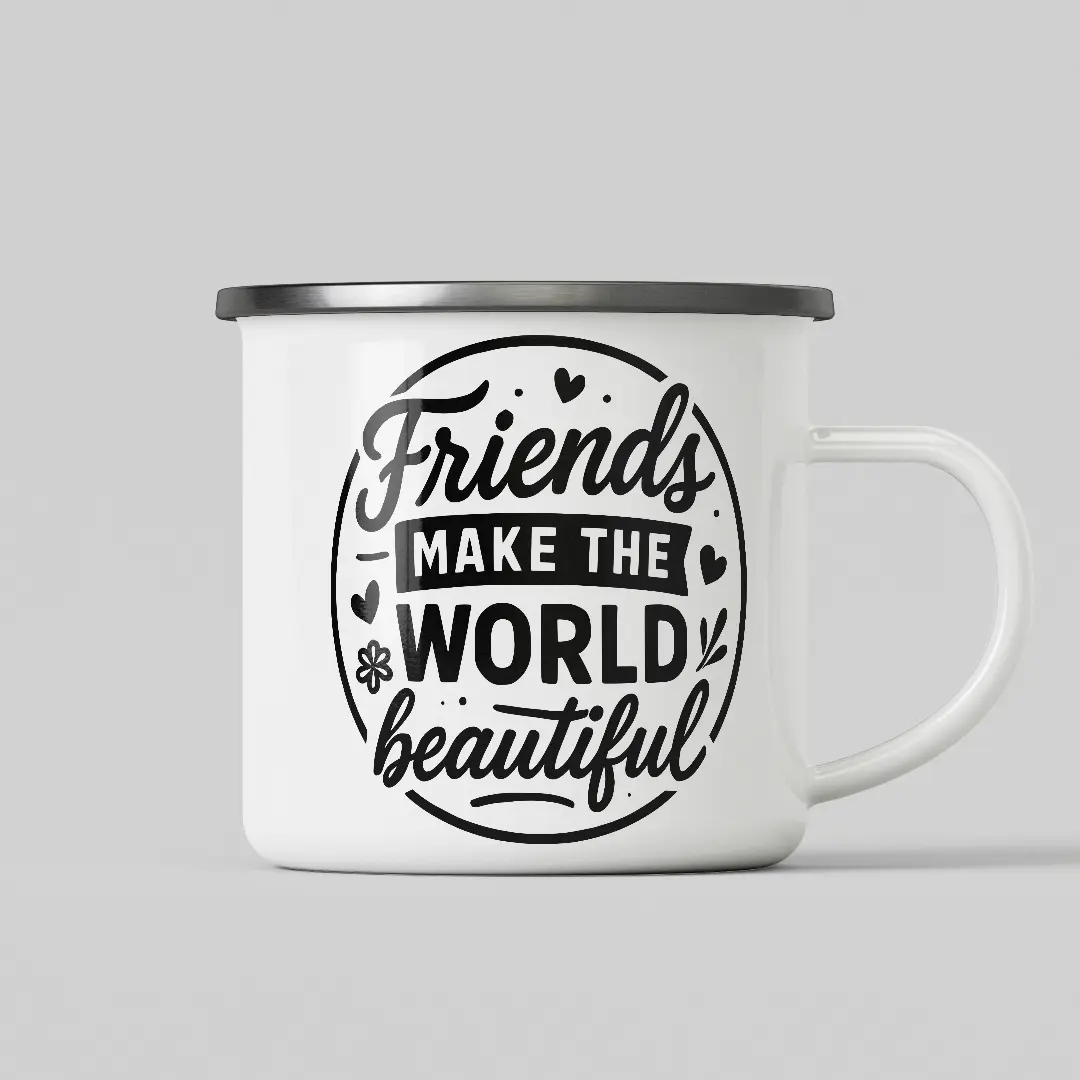 Friends Make World Beautiful White Enamel Mug - Image 2