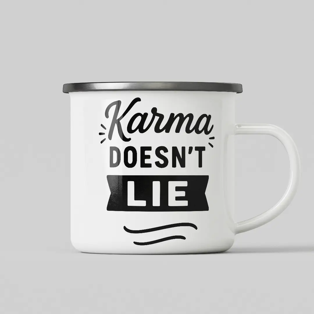 Karma White Enamel Mug - Image 2