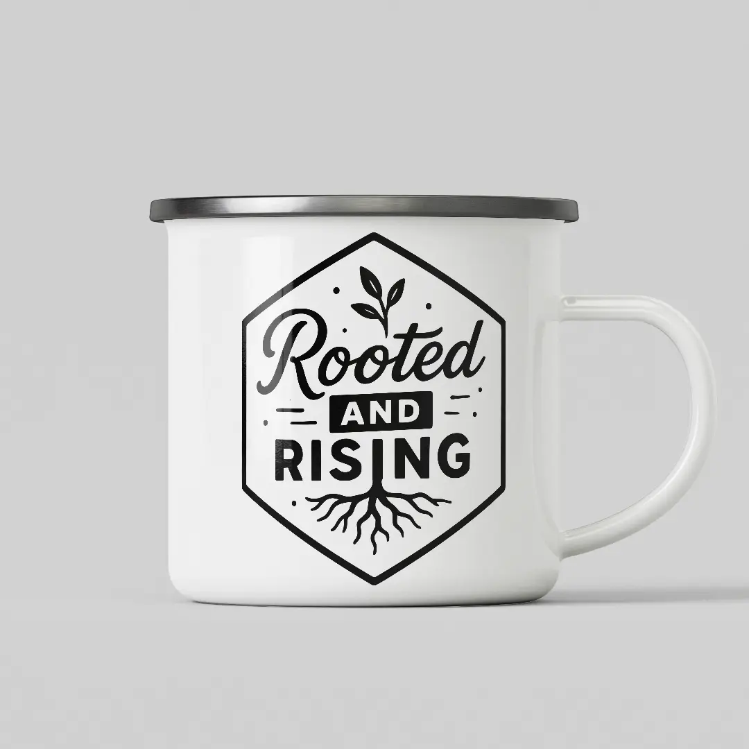 Rooted And Rising White Enamel Mug - Image 2