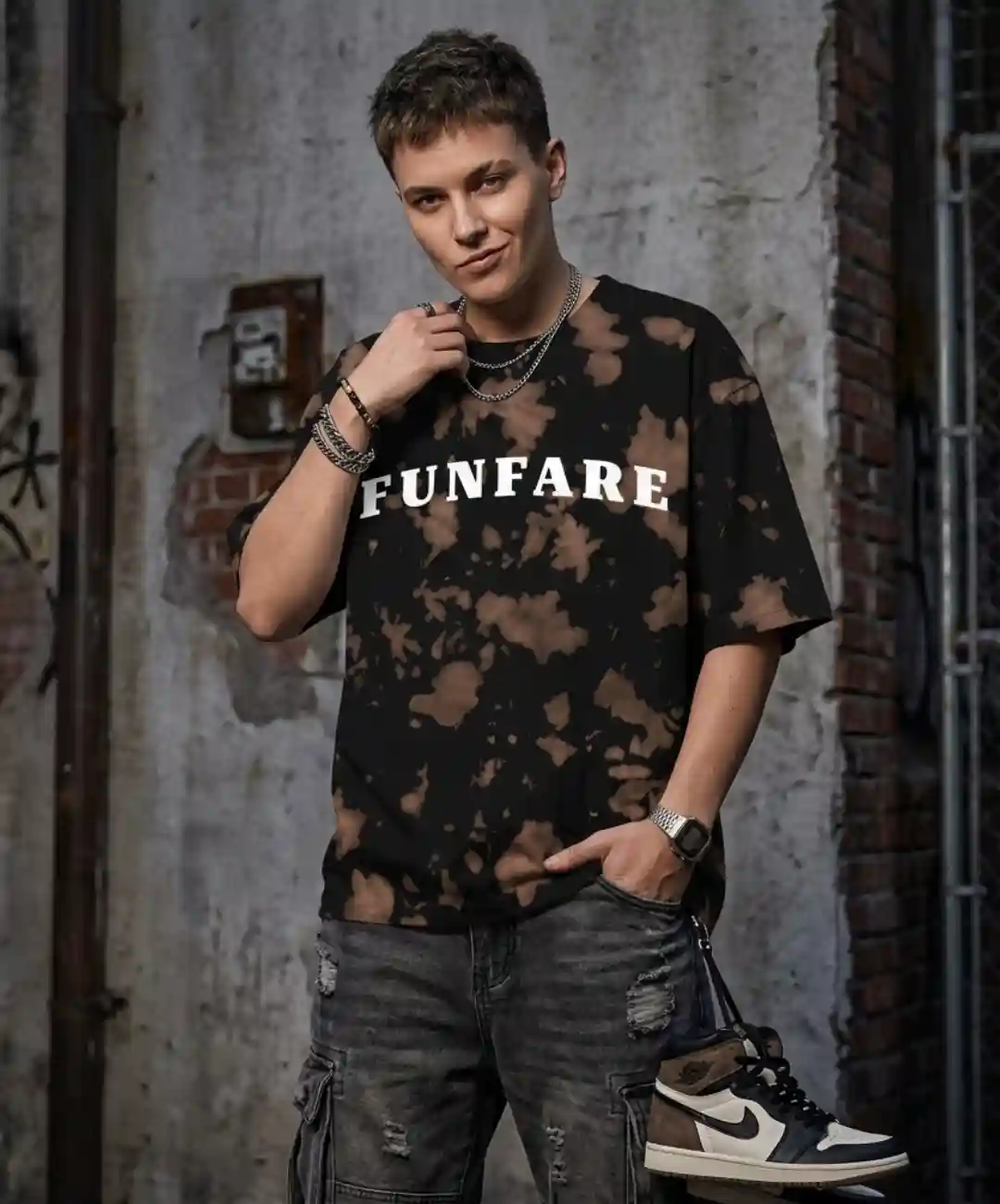 Funfare Brown Black Tie Dye Oversize Cotton T-shirt