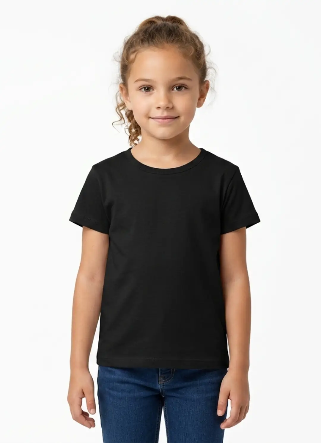 Girls Solid Plain Black Cotton T-shirt