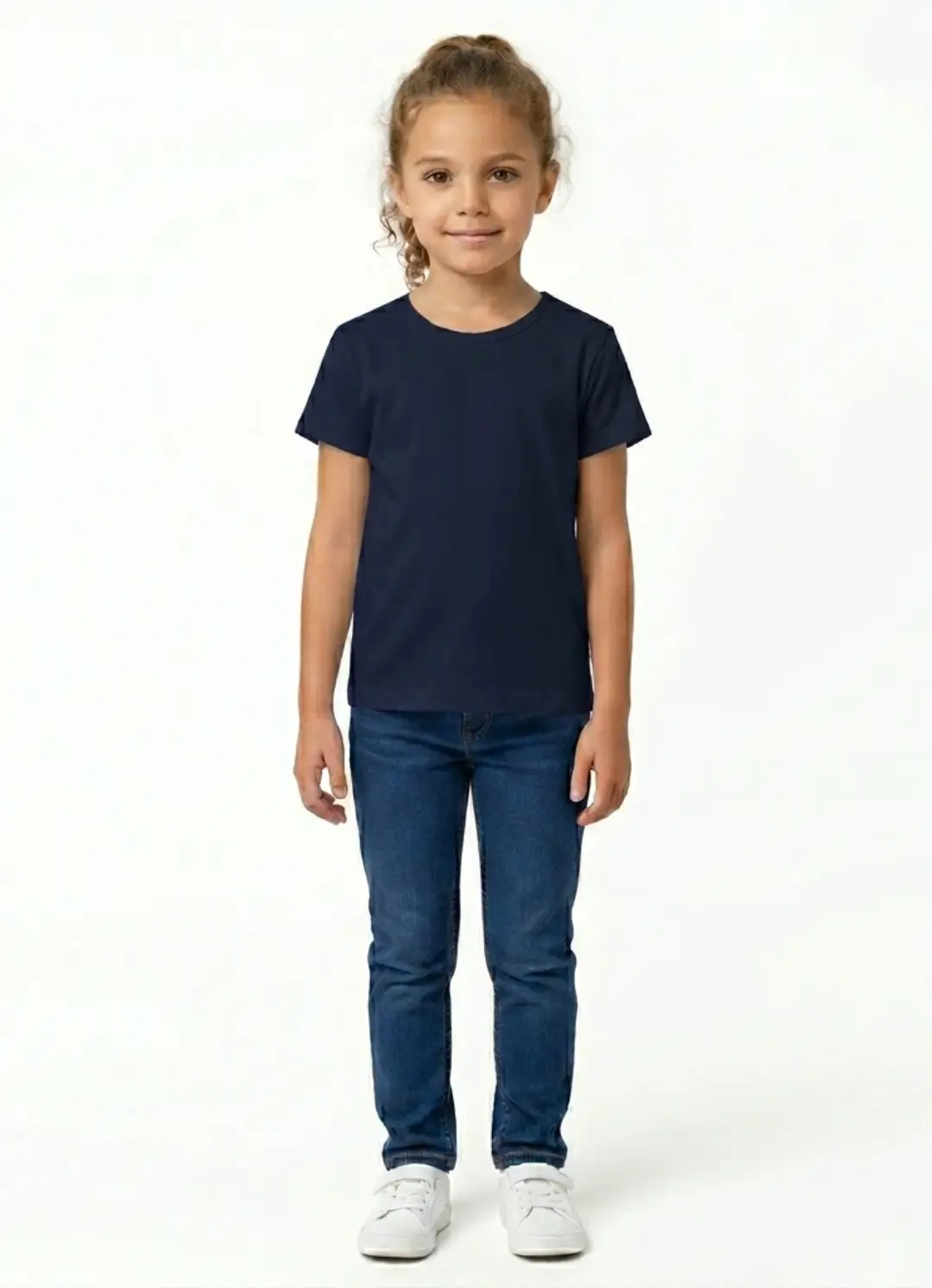 Girls Solid Plain Navy Blue Cotton T-shirt - Image 3