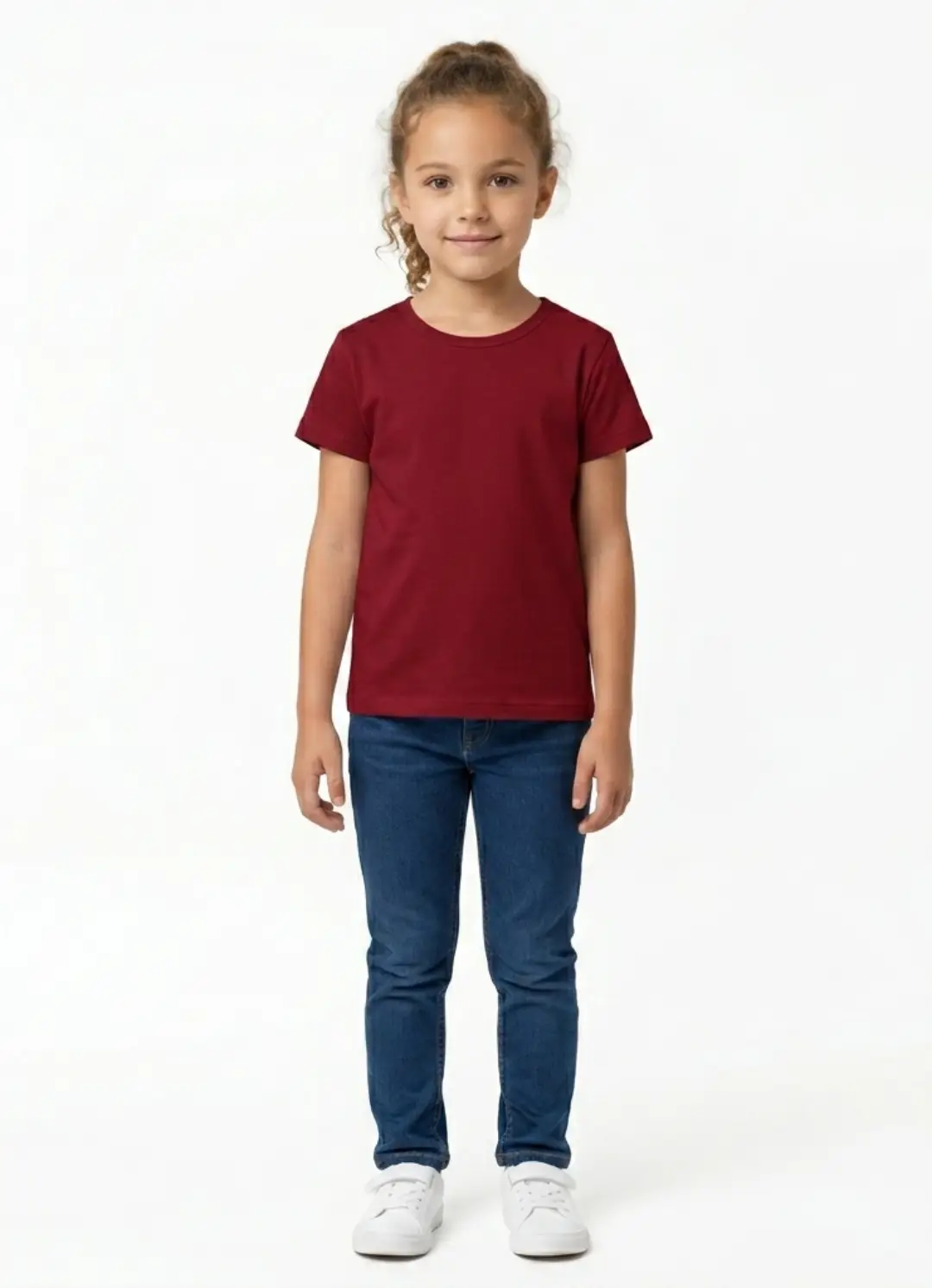 Girls Solid Plain Red Cotton T-shirt - Image 3