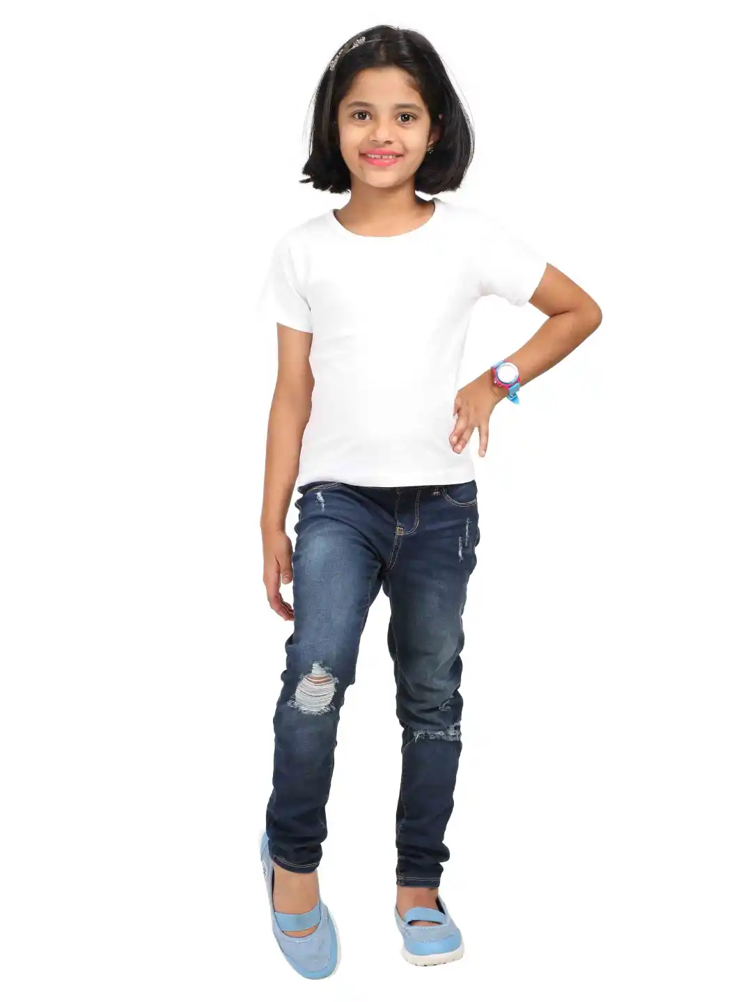 Girls Solid Plain White Cotton T-shirt - Image 2