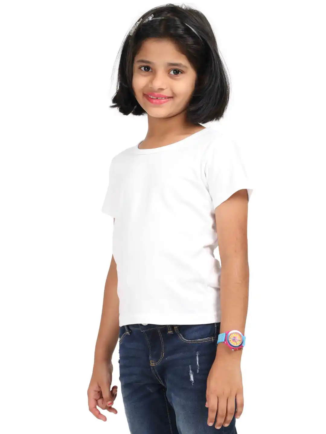 Girls Solid Plain White Cotton T-shirt - Image 3
