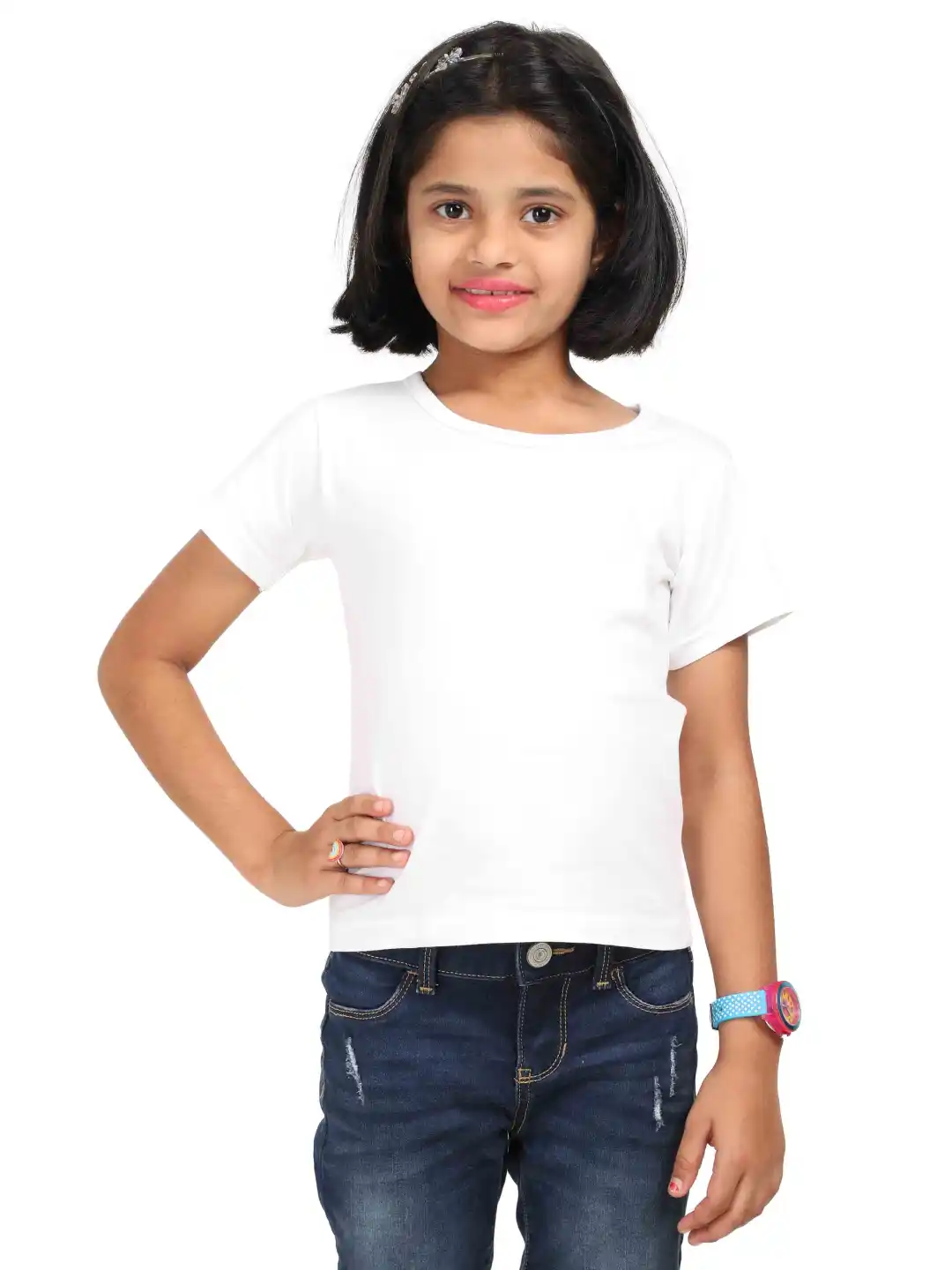 Girls Solid Plain White Cotton T-shirt - Image 4