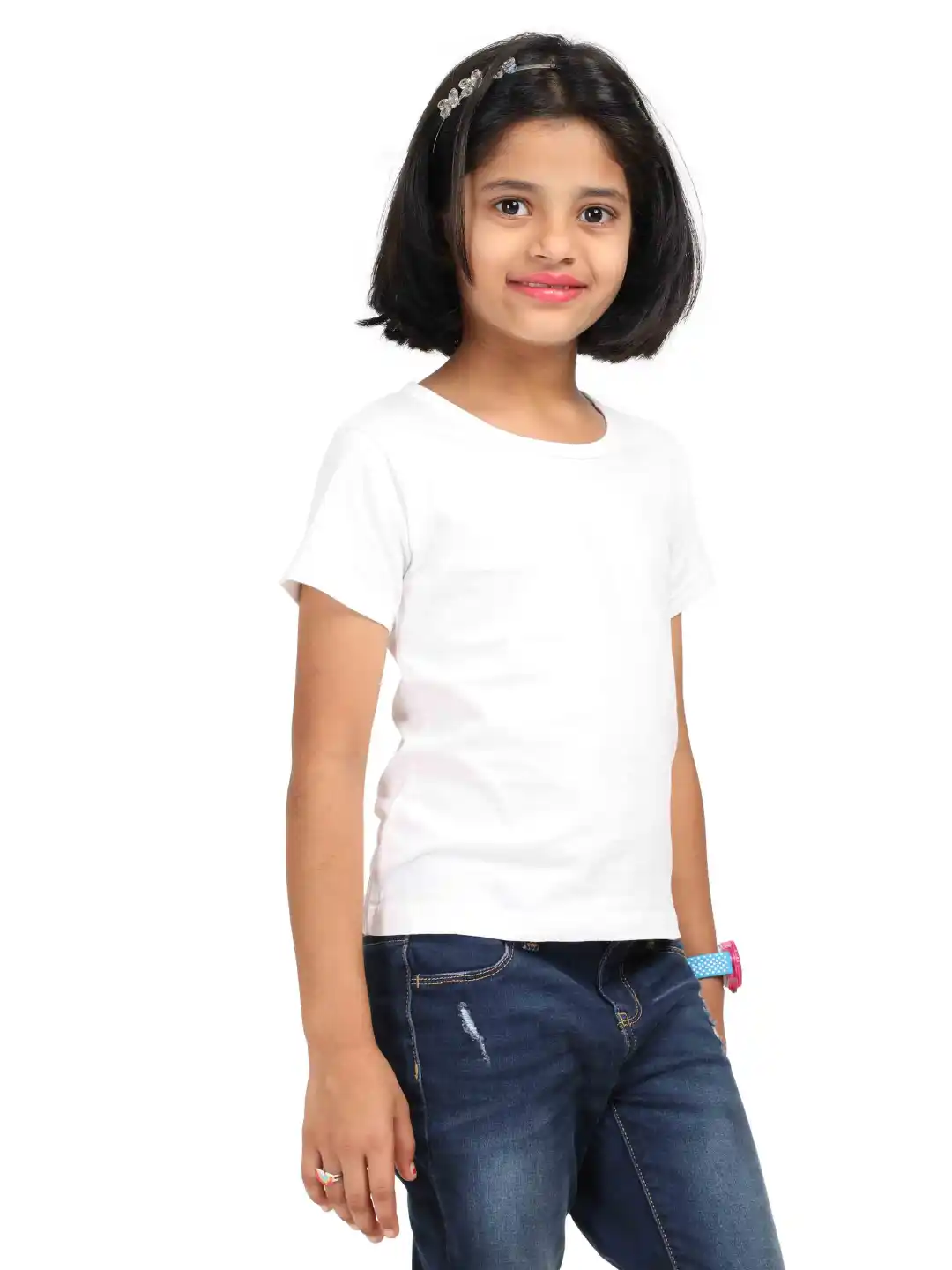 Girls Solid Plain White Cotton T-shirt