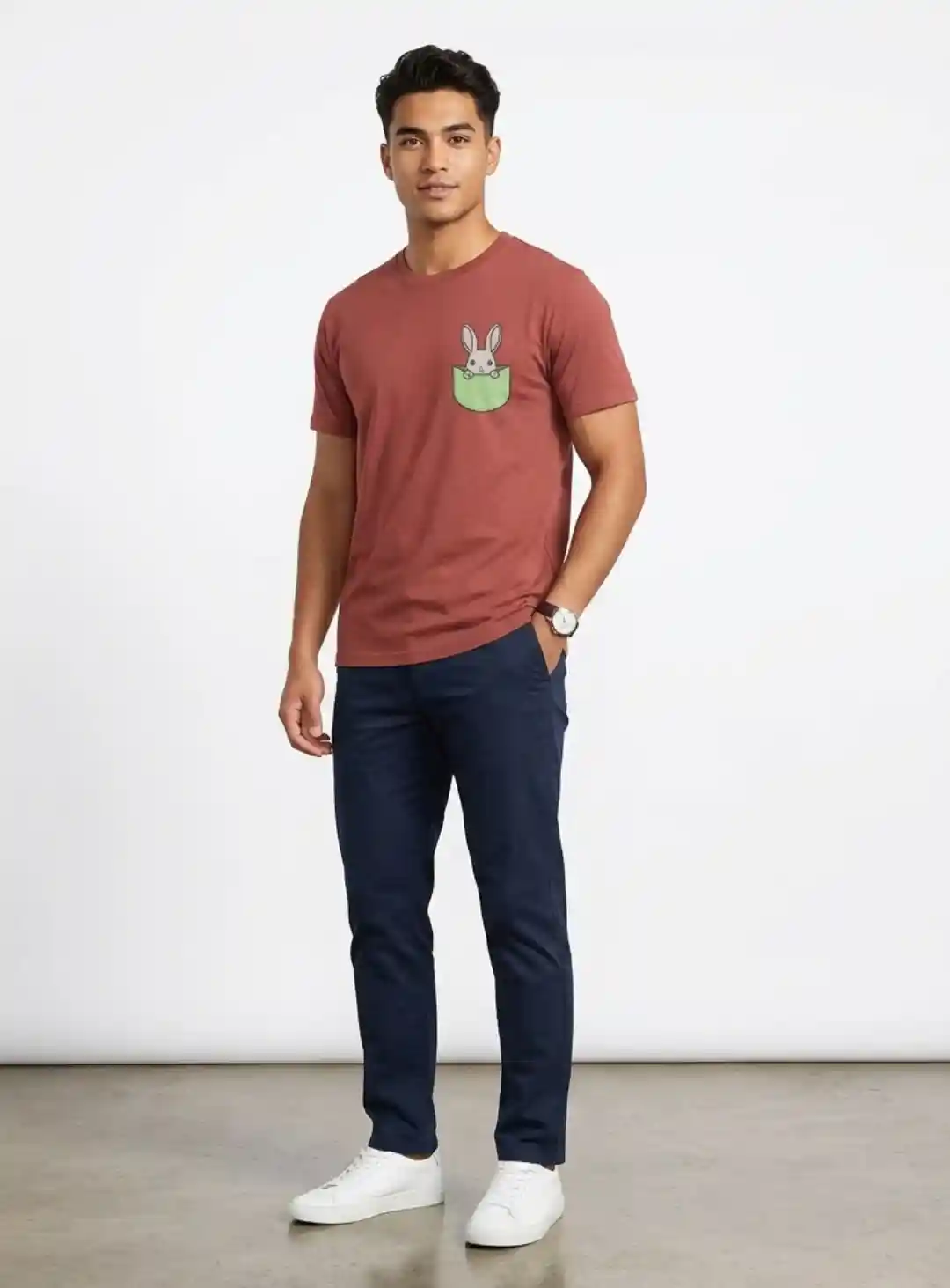 Bunny Pocket Men Coral Cotton T-Shirt