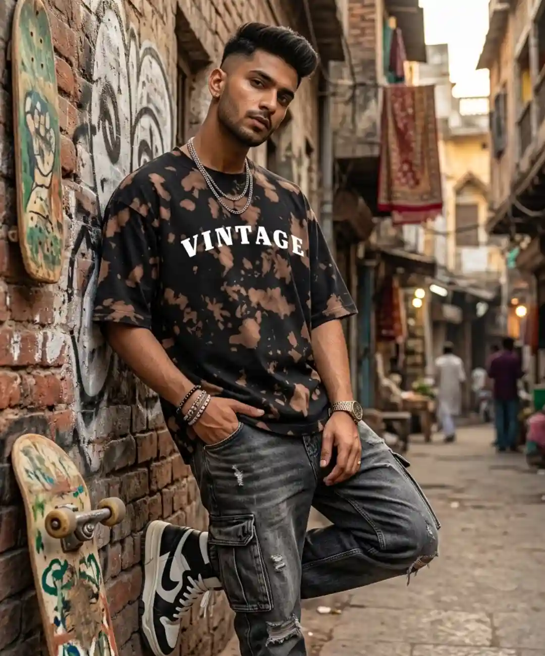 Vintage Brown Black Tie Dye Oversize Cotton T-shirt