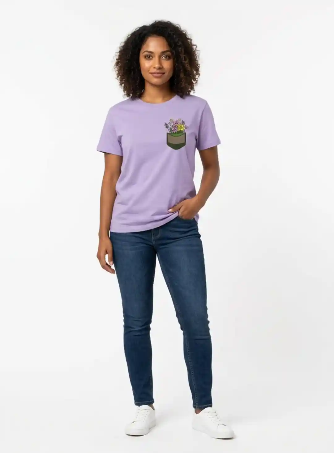 Women Pocket Printed Lavender Cotton T-shirt