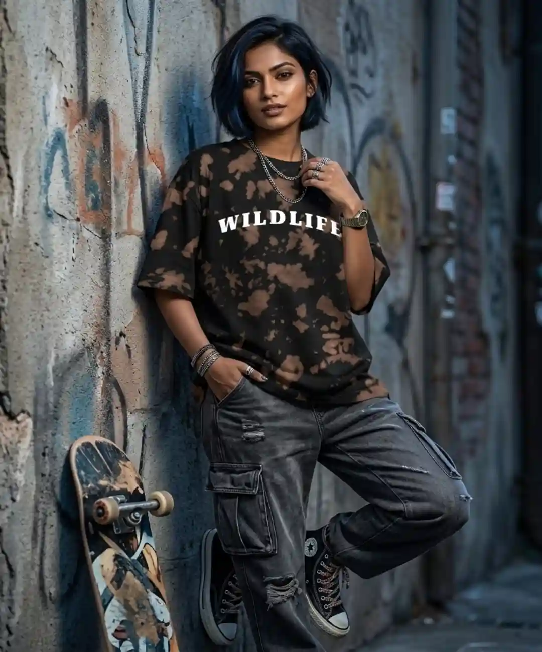 Wildlife Brown Black Tie Dye Oversize Cotton T-shirt