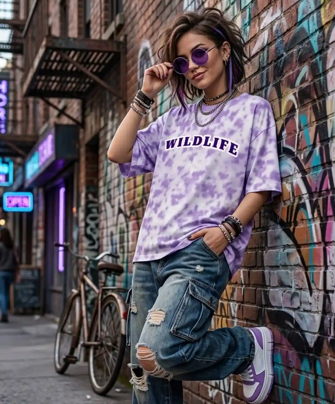 Wildlife Lavender Tie Dye Oversize Cotton T-shirt