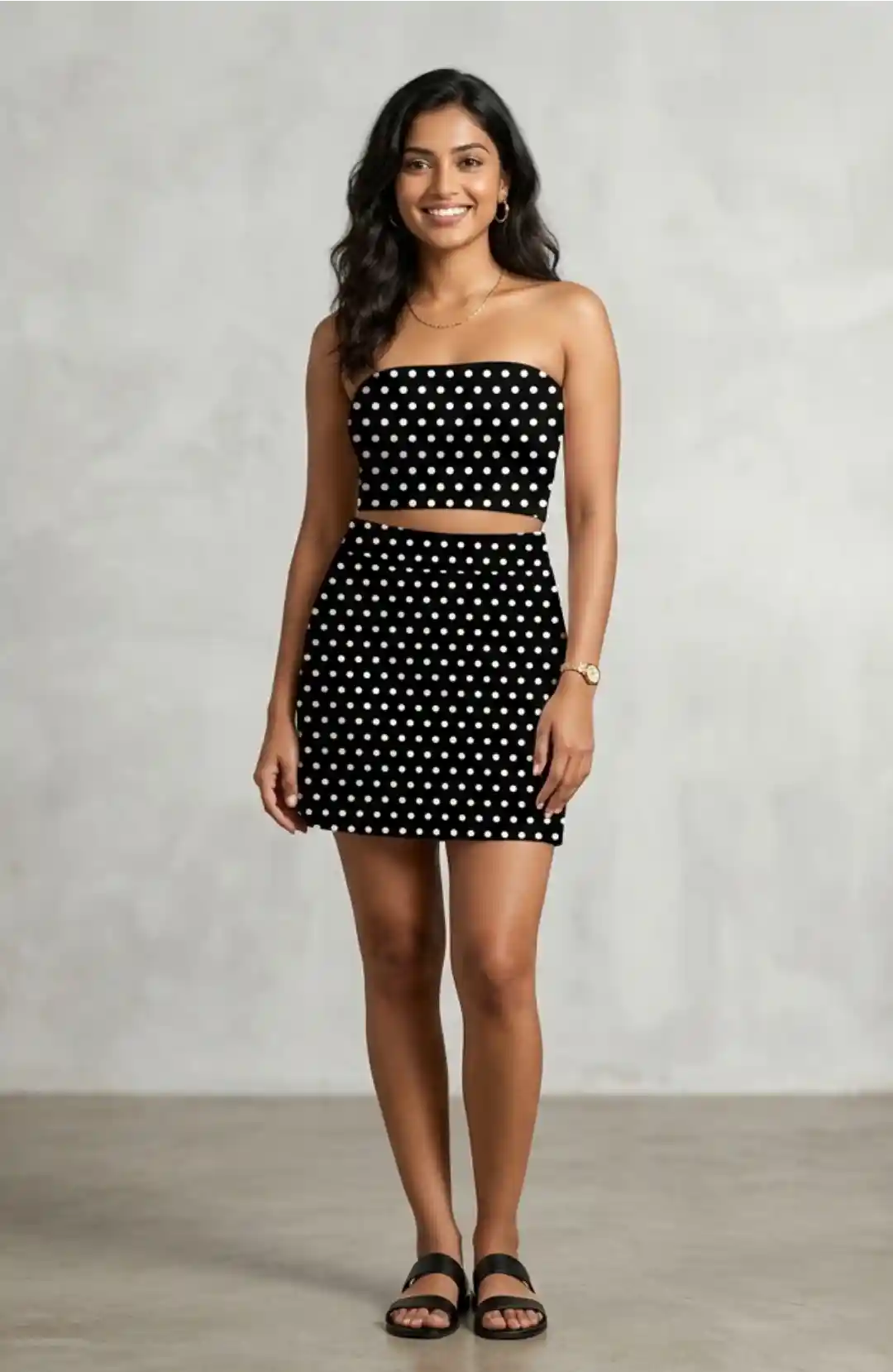 Black White Polka Print Mini Skirt And Tube Top Set
