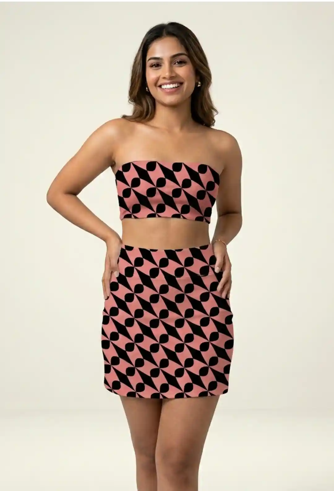 Checkered Floral Print Mini Skirt And Tube Top Set