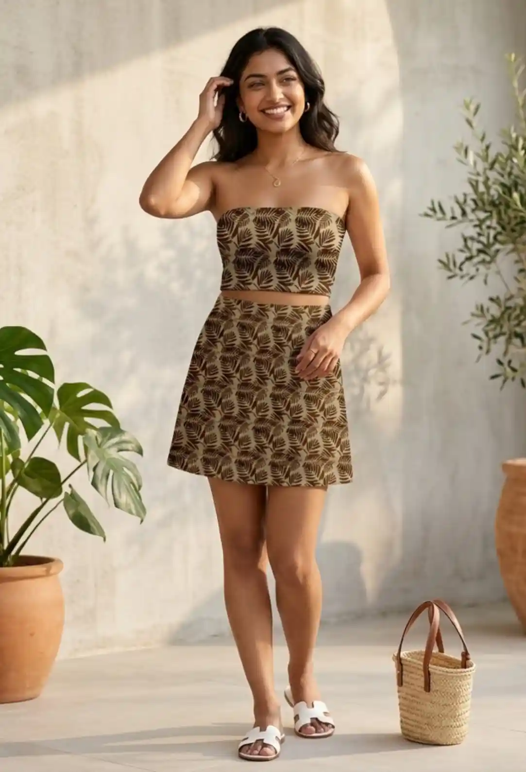 Leafs Print Mini Skirt And Tube Top Set