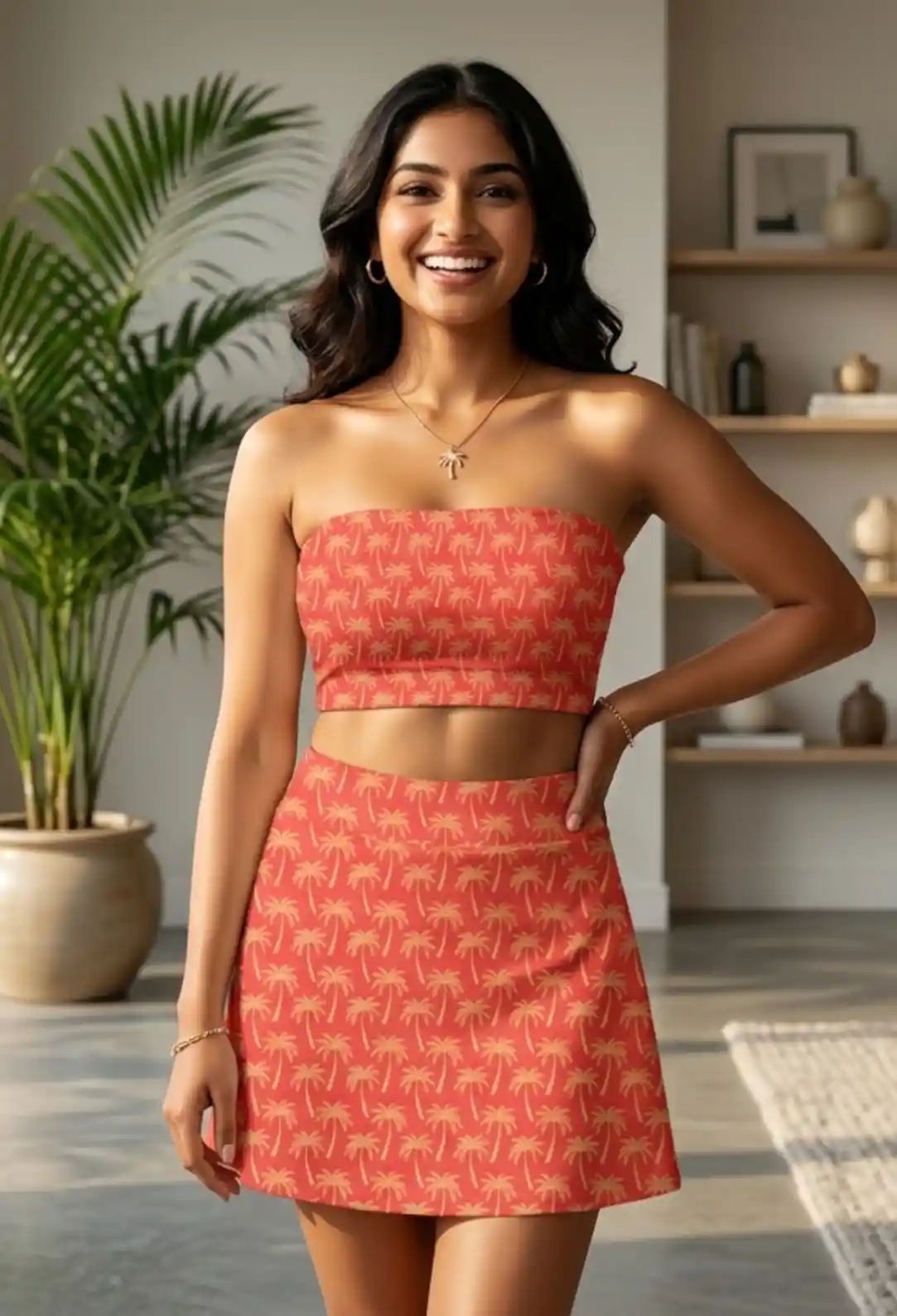 Tropical Sunset Color Palms Print Mini Skirt And Tube Top Set