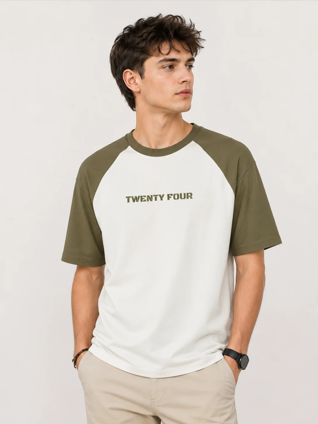 Twenty Four Oversized Olive Green Off White Raglan T-shirt