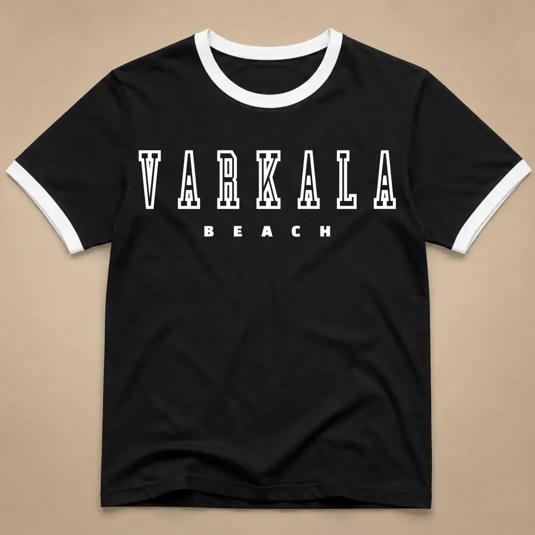 Varkala Beach White Black Ringer T-shirt - Image 2