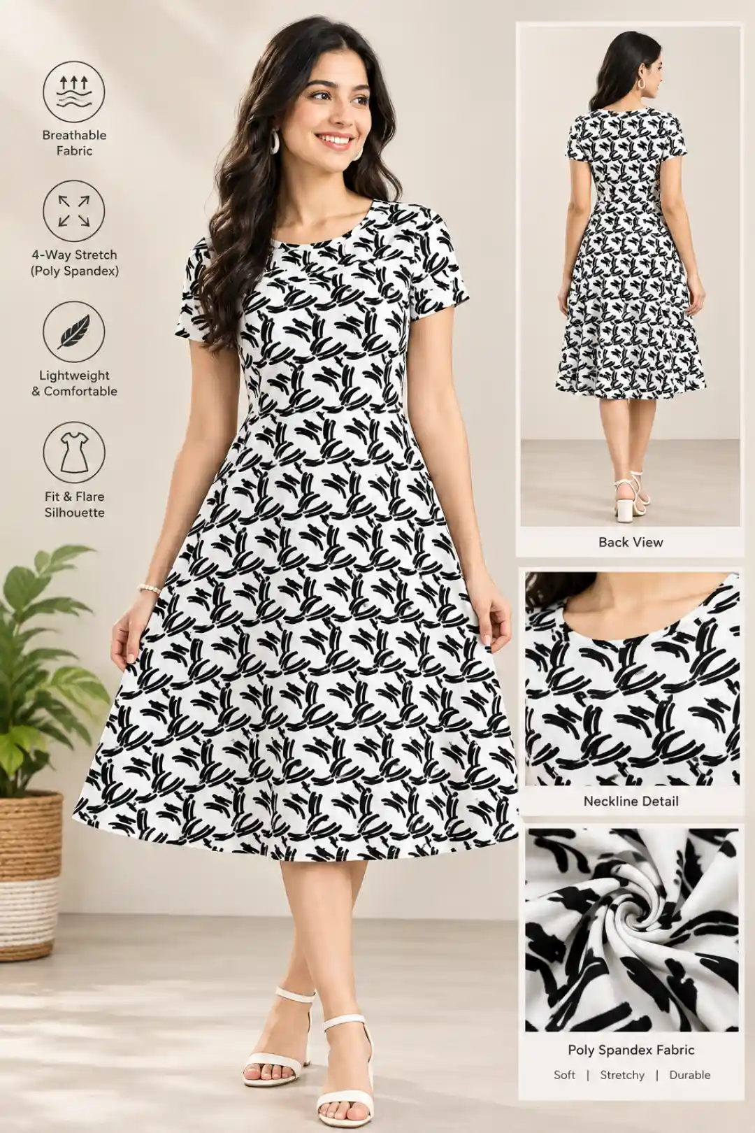 Black White Brush Pattern Aline Dress