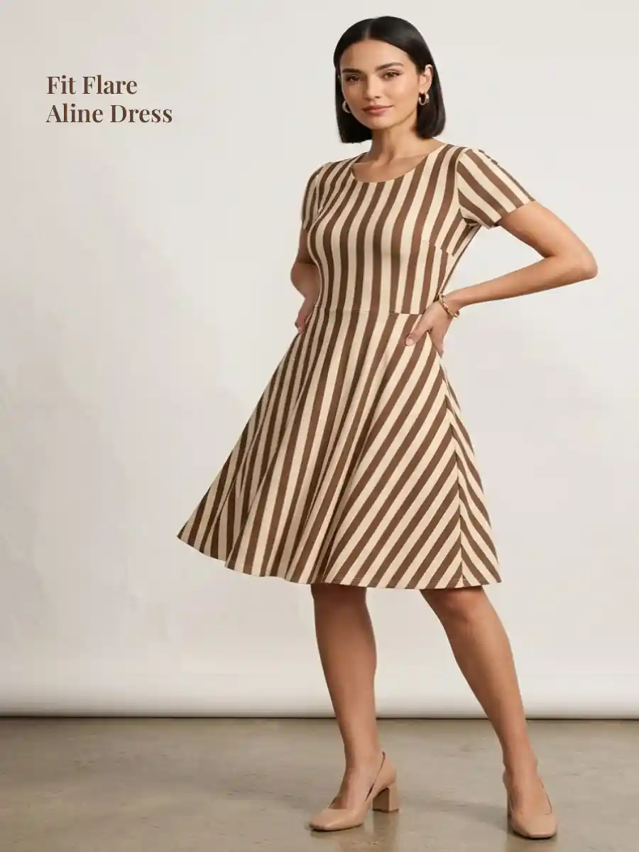 Simple Stretch Fit Coffee Color Aline Dress