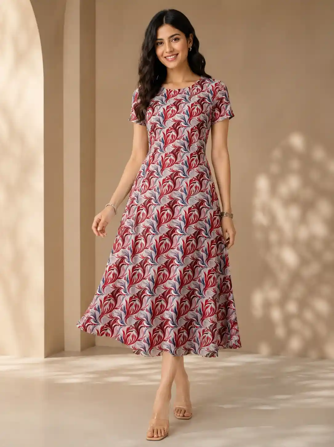 Red Blue Printed Aline Dress