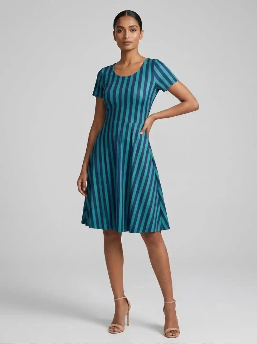 Navy Blue Teal Strips Aline Dress